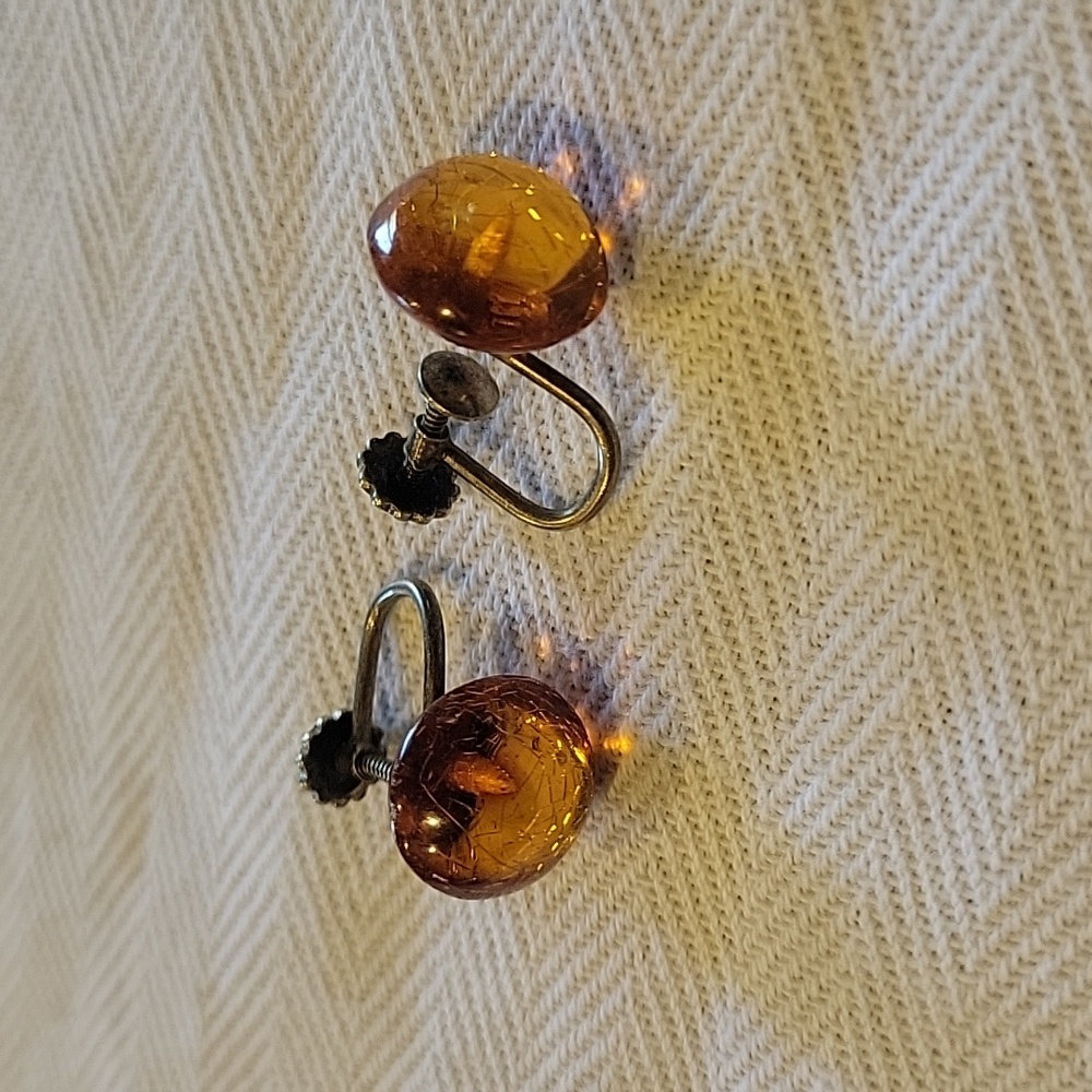 European Silver(835) and Bakelite OR Amber Screw Earrings,EUC